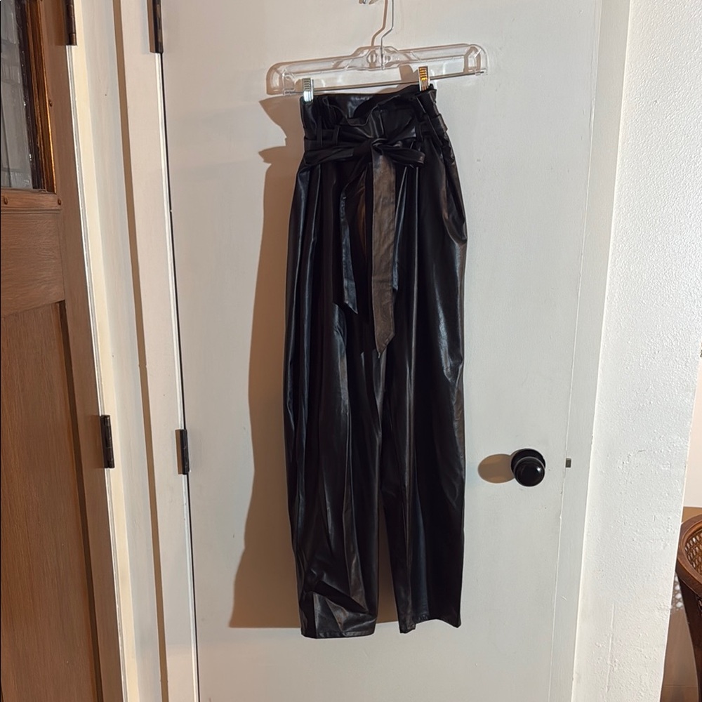 Black High-Waisted Faux Leather Paper Bag Pants